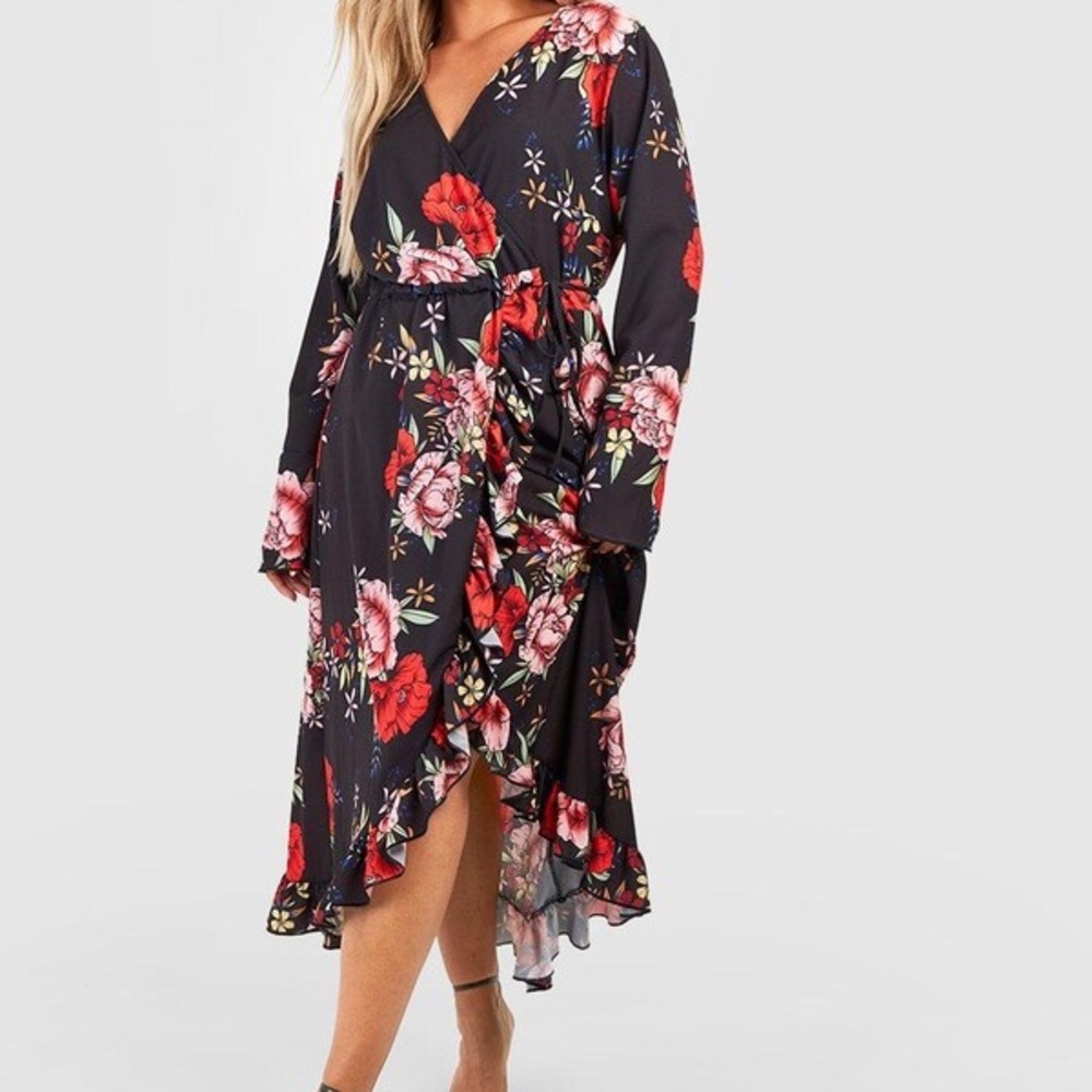 Boohoo Floral Lola Wrap Dress - Black and Red - Picture 4 of 8